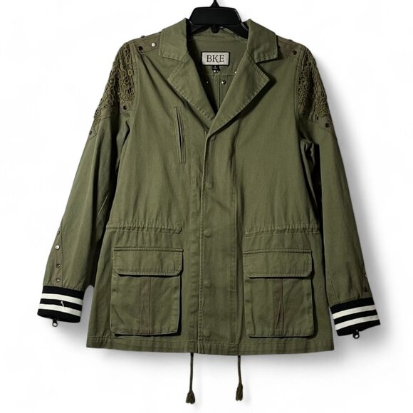 BKE Canvas Jacket Khaki Green Crochet Applique Sudded Snap Zip Front Long Sleeve - Picture 1 of 15